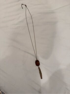 Long Silver Chain Necklace with Brown Stone Pendant and Tassel
